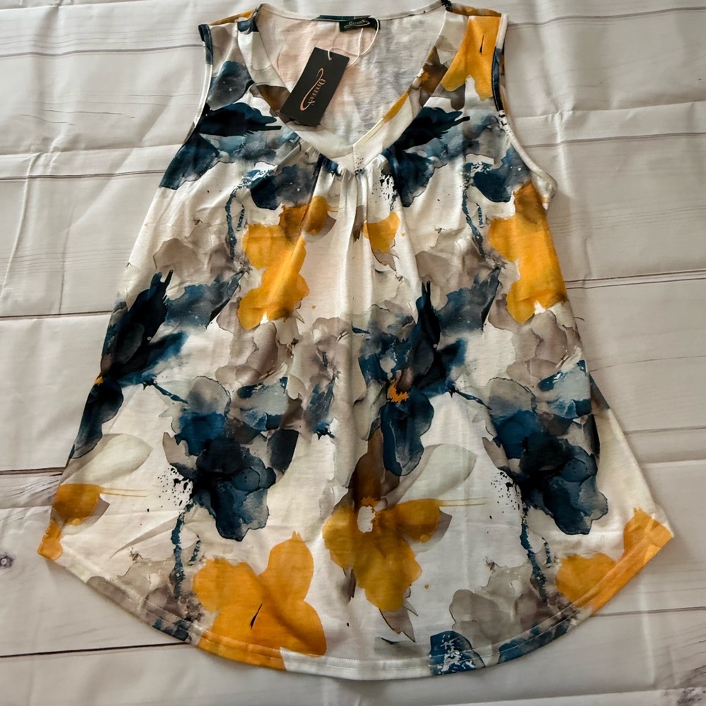 Elegant Women's Floral Tank Top - Yellow, Blue, and Gray